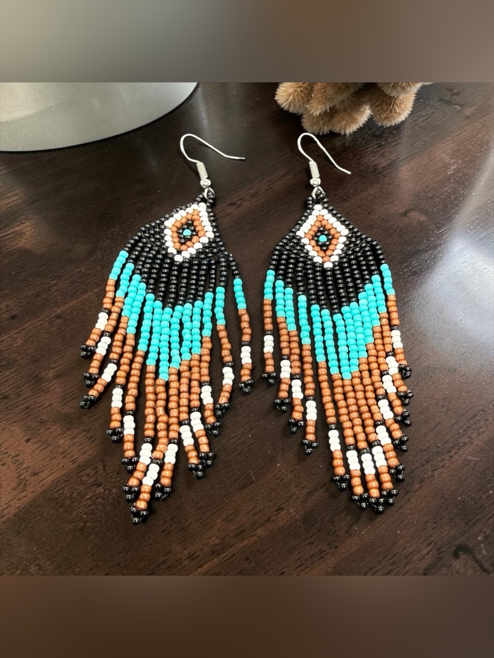 🖤🤎Boho Chic Turquoise, Black & Brown Beaded Fringe Drop Earrings/NWOT🖤🤎